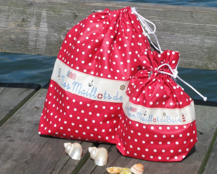 Ici et La Creations swimsuit bags red with polka dots