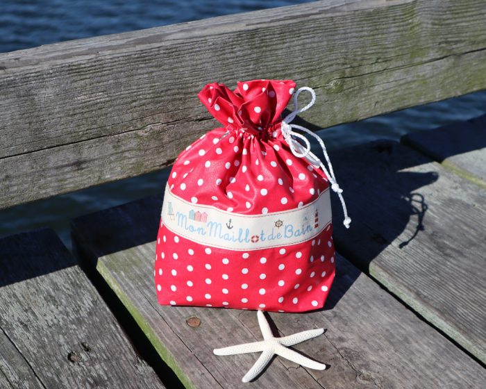 Ici et La Creations swimsuit bags red with white polka dots
