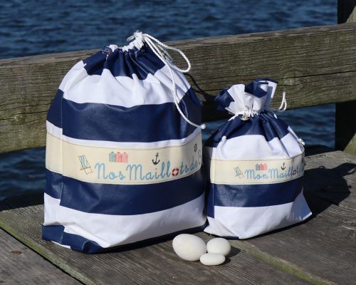 Ici et La Creations swimsuit bags navy and white stripes