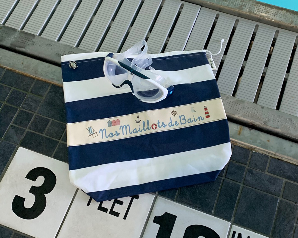 Ici et La Creations swimsuit bags navy and white stripes